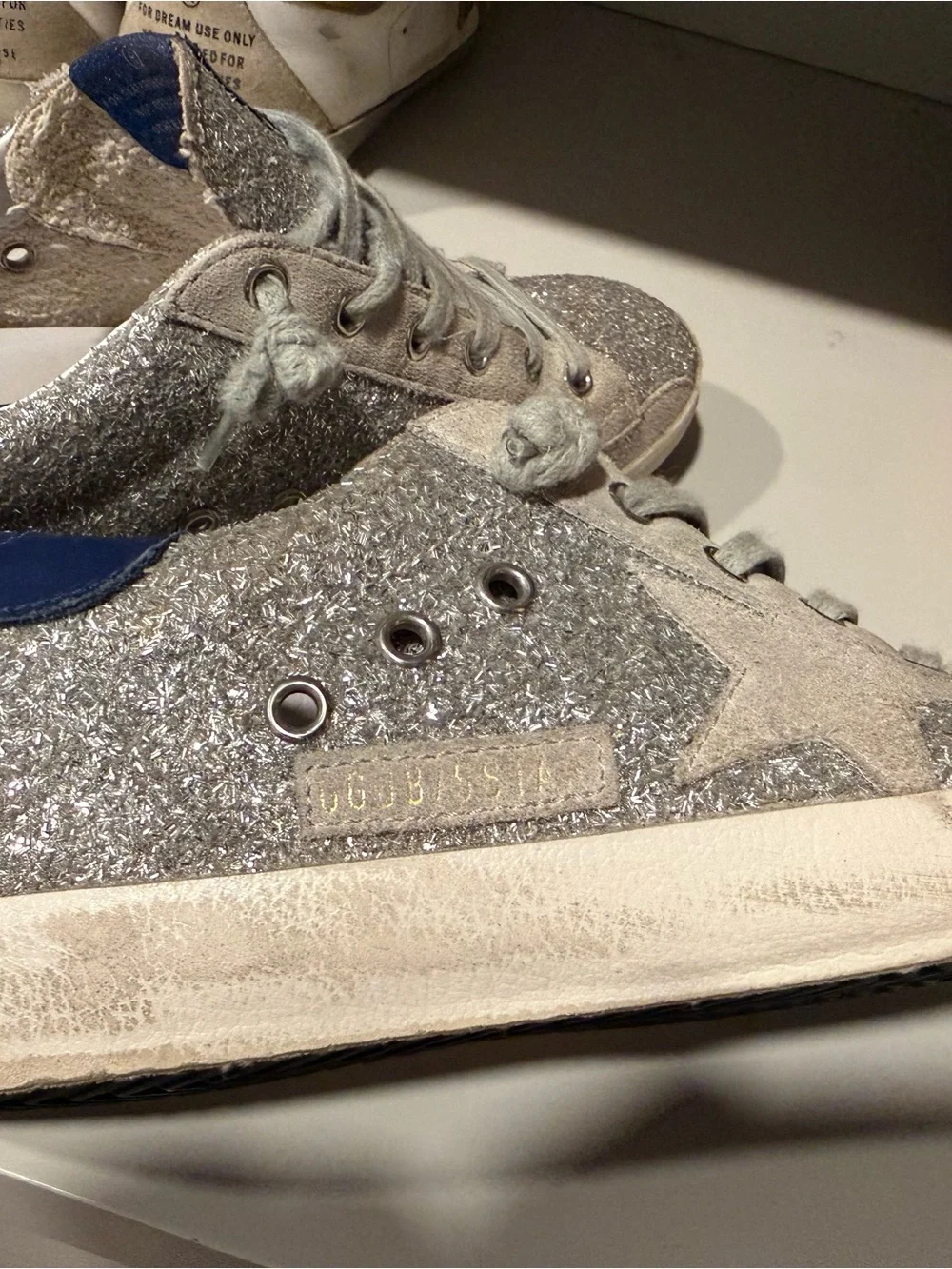 Golden Goose Silver Glitter Superstar Sneakers with Blue Heel